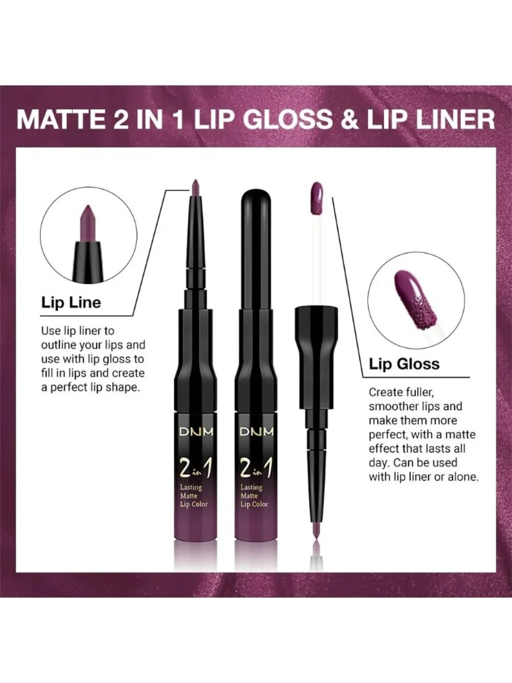 01#-Dark Plum Purple 2-in-1 Waterproof Long Lasting Double-Ended Liquid Lipstick